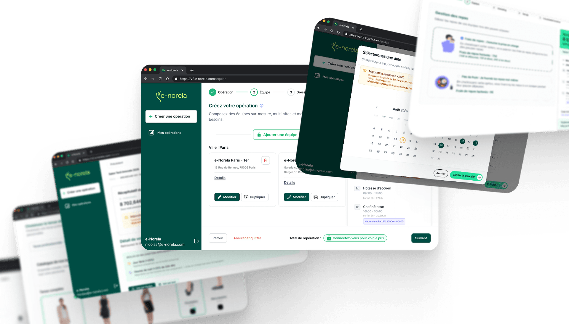 Interface e-norela, création d'opération, sélection d'équipes multi-sites