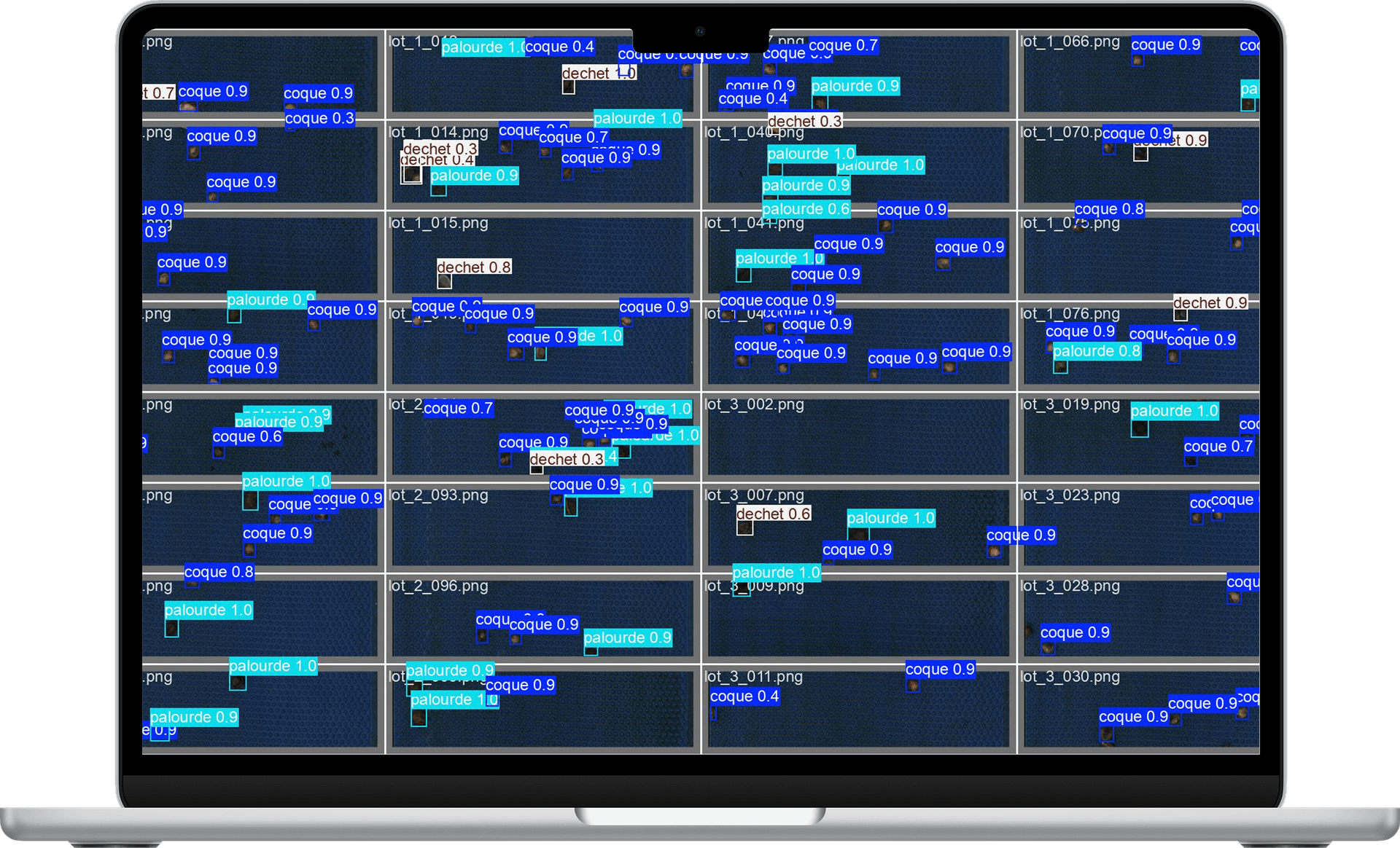 Interface d'annotation IA — grilles coquillages avec scores de confiance 0.7-0.9, France Coquillage