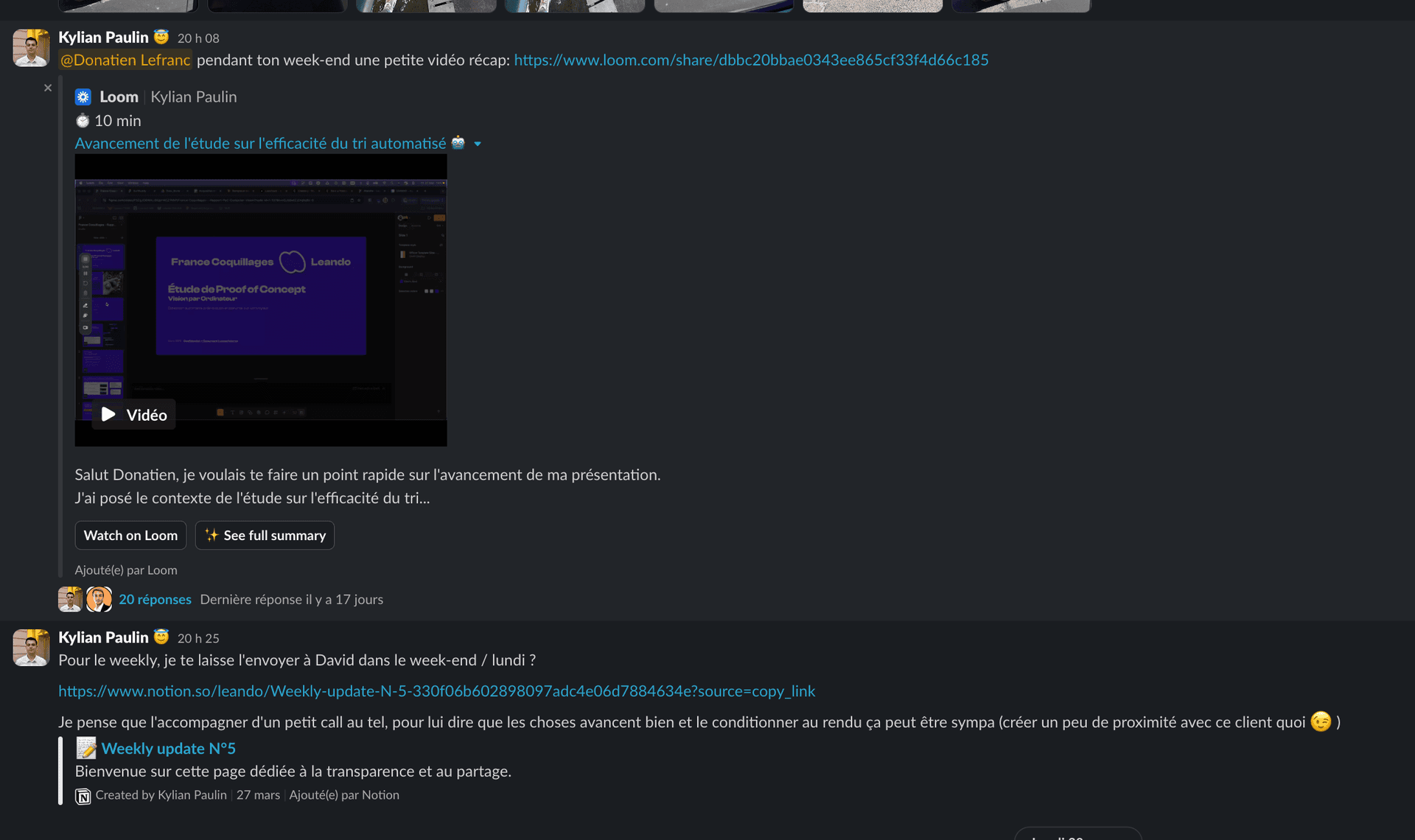 Weekly client Leando, suivi Notion partagé